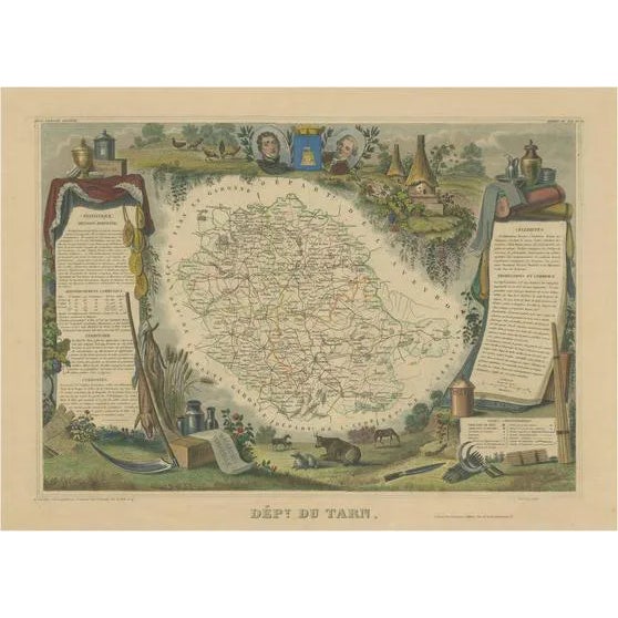 Antique Map of the Department of Tarn, France, 1852 For Sale