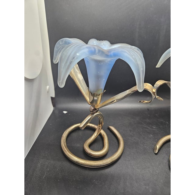 Vintage Oneida Amaryllis Blue Frosted Candle Holders, Set of Two, They need a god cleaning/light surface aged.