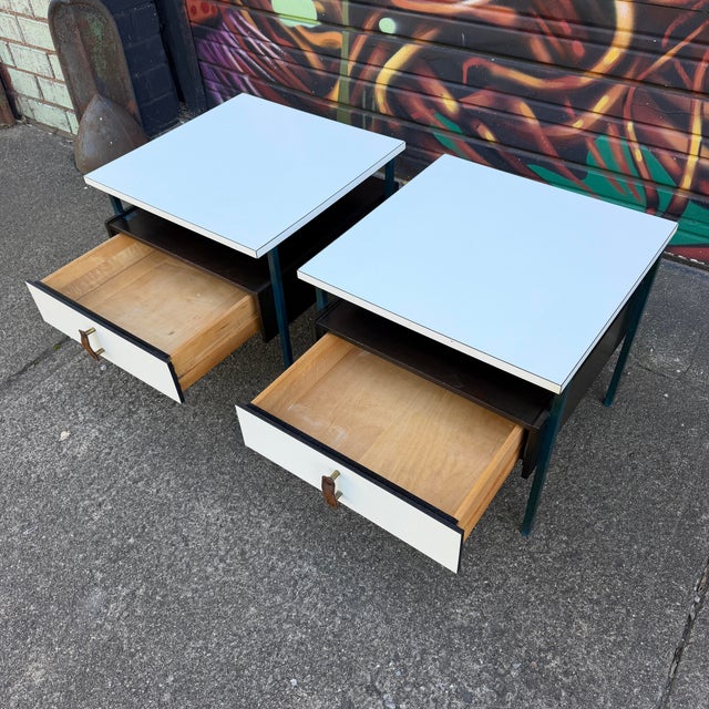 Mid-Century Moderm Vista Furniture California Nightstands With Leather Pulls Walnut Laminate For Sale In Cleveland - Image 6 of 12
