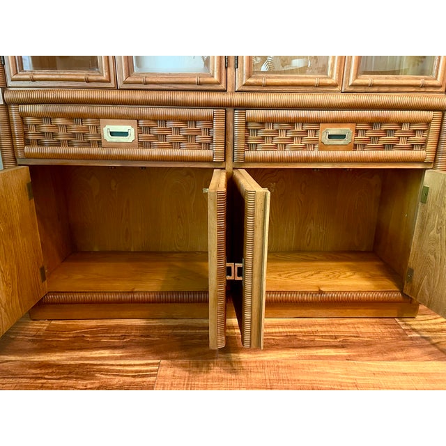 1980’s Rattan Wrapped Faux Bamboo Lighted China Cabinet For Sale In New Orleans - Image 6 of 11