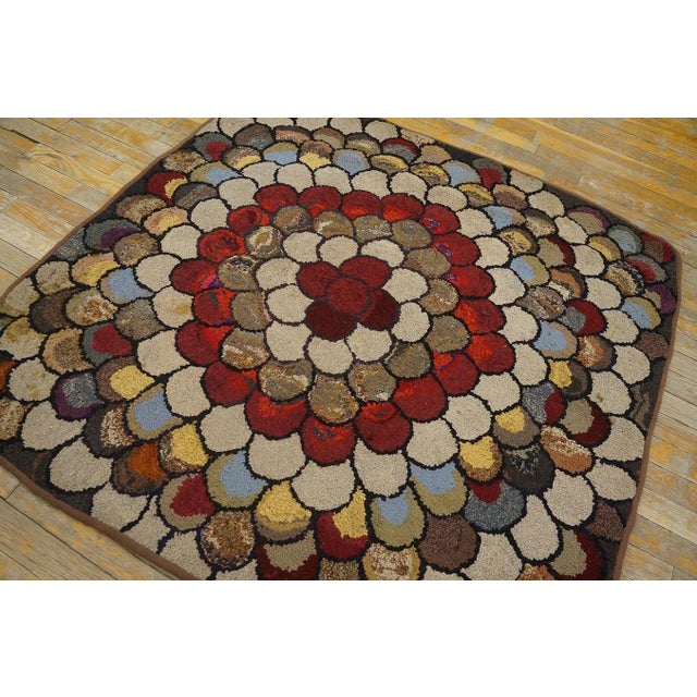 1940s Multi Floral Folk Art Penny Antique American Hooked Rug 4' 0''x4' 0'' Woven Wool Carpet For Sale - Image 12 of 12