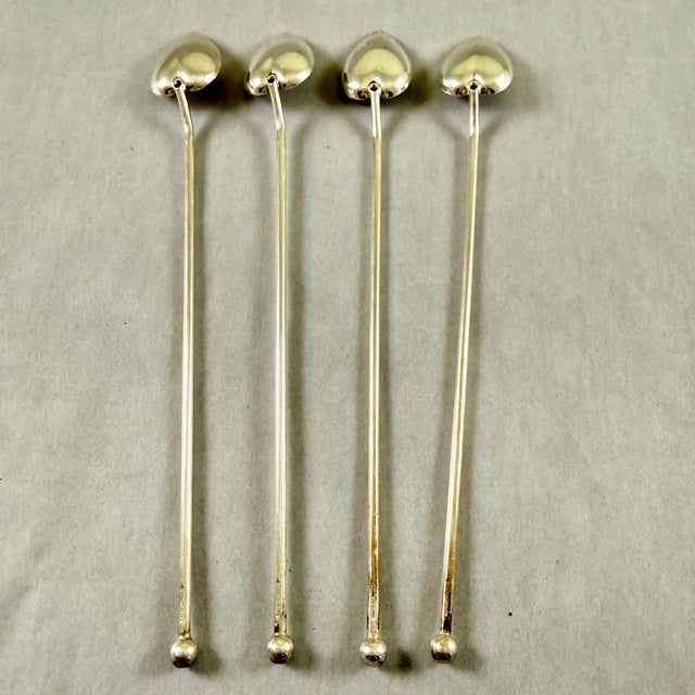 1920s Sterling Silver Highball or Iced Tea Heart Leaf Bowl Stirring Straws, Set of 4 For Sale - Image 5 of 11