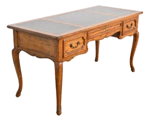 Baker Furniture French Provincial Louis XV Carved Oak Leather Top Bureau Plat Desk