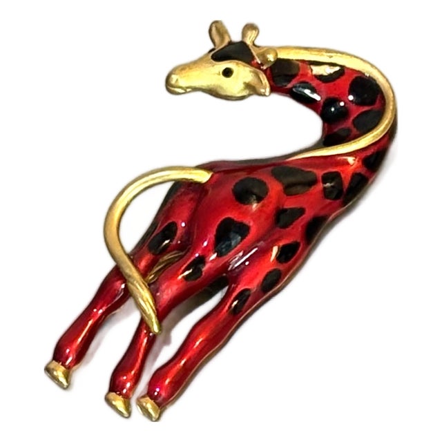 Large Gold-Tone / Red Enameled Giraffe Brooch For Sale