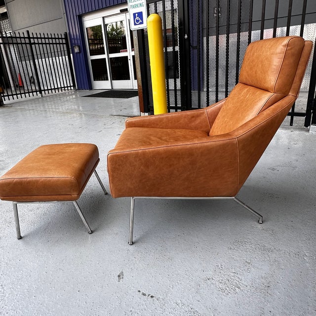 West Elm Leather Chair W/ Ottoman For Sale - Image 9 of 10