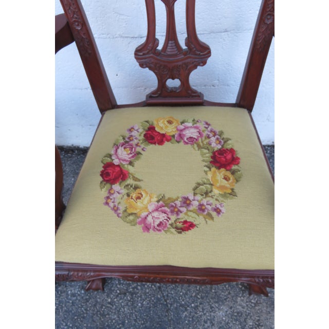 Wood Chippendale Carved Ball and Claw Feet Tapestry Dining Chairs Set of Two 6199 For Sale - Image 7 of 16