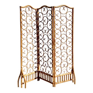 Vintage Coastal Scroll Rattan Folding Screen For Sale