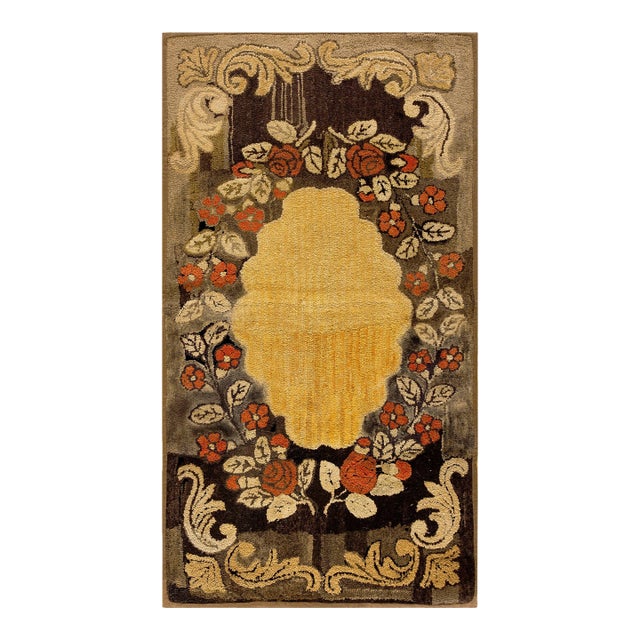1930s Yellow Roses Medallion Antique American Hooked Rug 2' 8''x5' 0'' Handwoven Wool Carpet For Sale