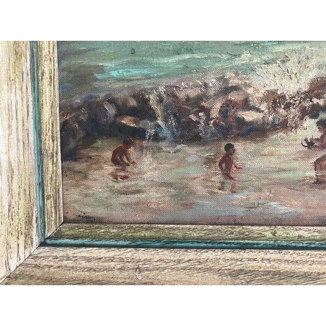 Blue Vintage Coastal Seascape Oil Painting – Children Playing by the Shore-Locueso For Sale - Image 8 of 8