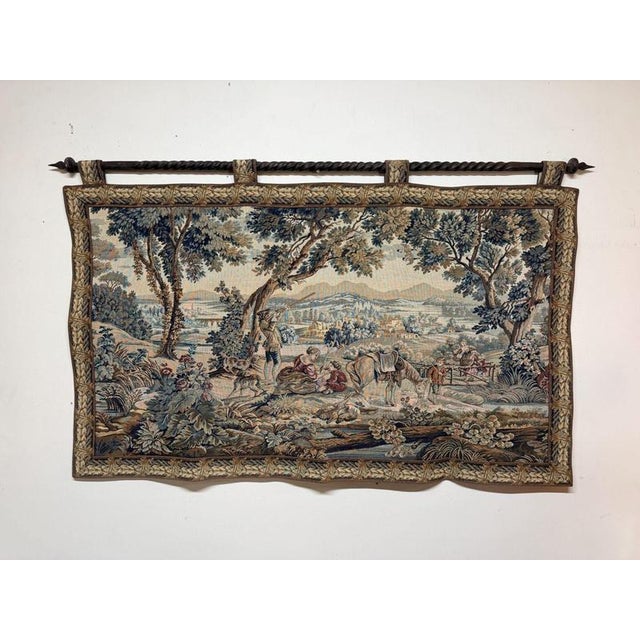 Vintage Hunting Scene Tapestry with Iron Rail For Sale - Image 5 of 5