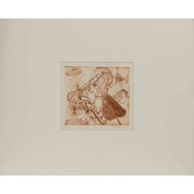 A miniature abstract expressionist etching by Russian artist R. Silvestrov (Russian, 20th Century). Very finely detailed...