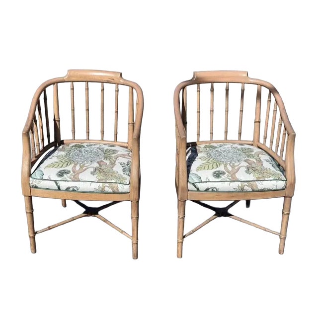 Wood Mid 20tg Century Vintage Faux Bamboo Armchairs - Pair With Lee Jofa “Arlington” Seat Cushion For Sale - Image 7 of 9