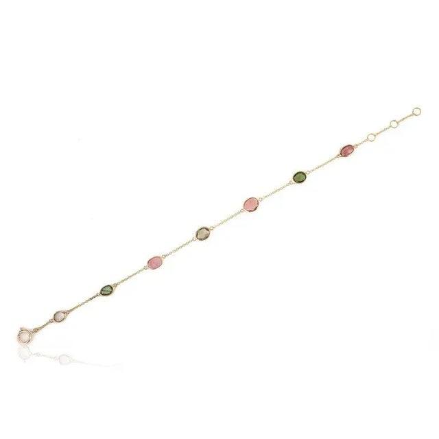 Metal Multi Tourmaline Station Chain Bracelet Handcrafted in 18k Yellow Gold For Sale - Image 7 of 12