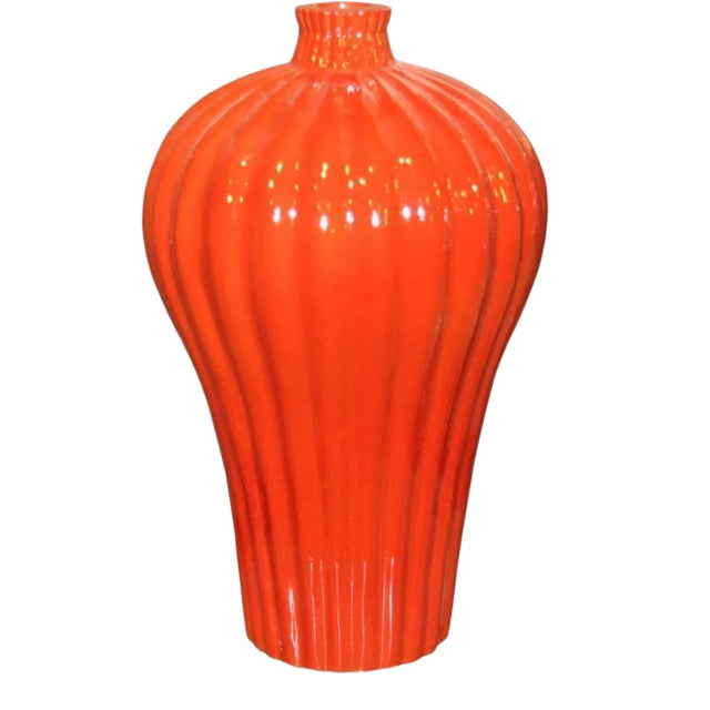 Prunus Lidded Fluted Orange Crackle Varying Vase For Sale