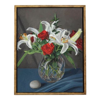 "Red Roses and White Lilies" Contemporary Floral Still Life Oil Painting, Framed For Sale