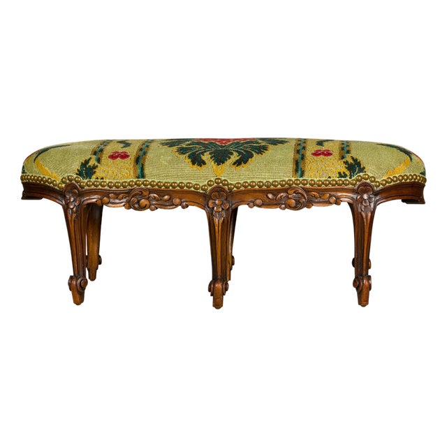 French Louis XV 19th Century Carved Walnut Footstool with Tapestry Upholstery For Sale