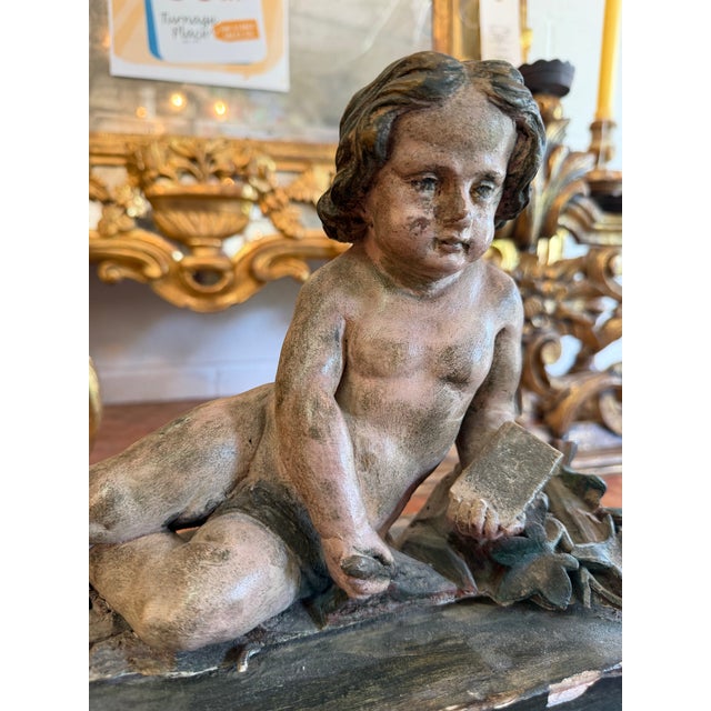 Baroque 19th Century Hand Carved Polychrome Reclining Child W/ Book For Sale - Image 3 of 7