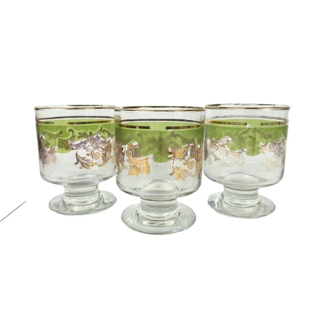 Mid-Century Modern Vintage Mid Century Modern Libbey 22k Green Gold Leaf Filigree Lowball Cocktail Glasses For Sale - Image 3 of 3