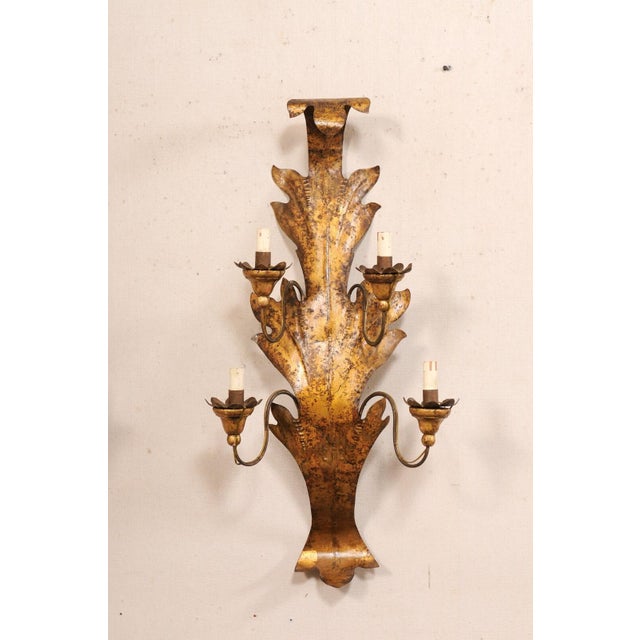 Mid 20th Century Italian Metal 4-Light Sconces in Leaf Motif- Set of 2 For Sale - Image 9 of 10