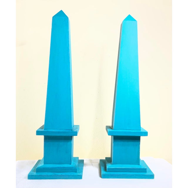 Pair of Hand-Painted Solid Wood Decorative Obelisks – Vibrant Turquoise Color For Sale - Image 9 of 15