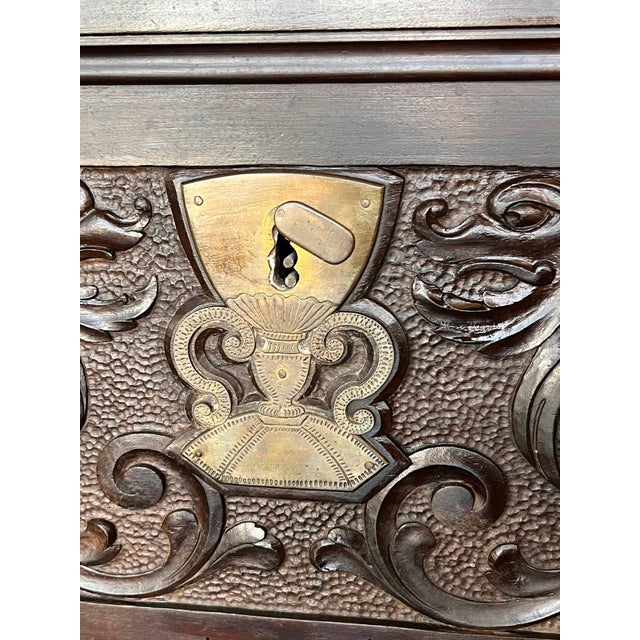 19th Century Spanish Carved Cassone Trunk with Original Hardware and Three Locks For Sale - Image 13 of 18