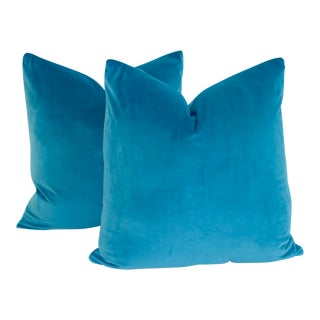 Peacock Blue Velvet Pillows - A Pair For Sale