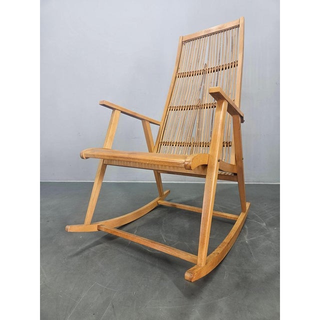 Midcentury Wood and Rattan Rocking Chair, Denmark, 1960s For Sale - Image 11 of 12