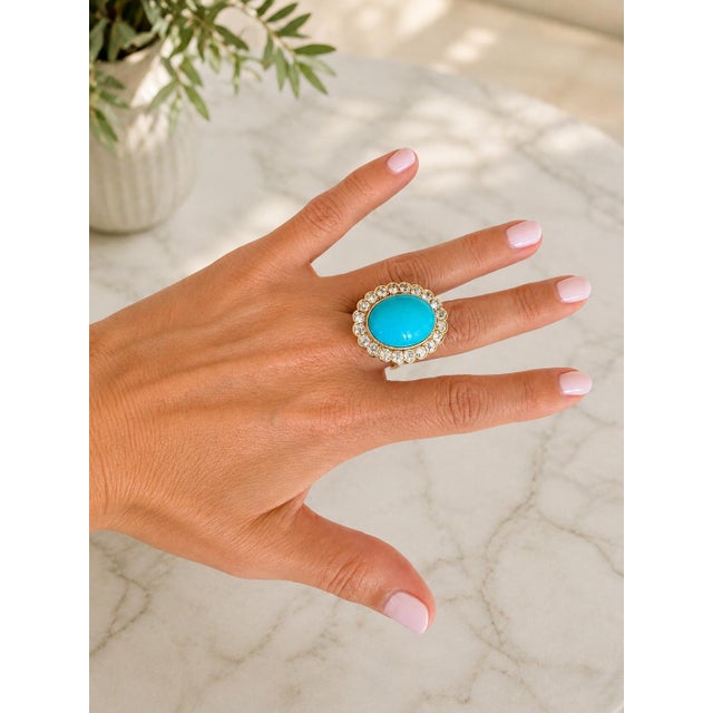 Antique 18k Gold Turquoise & Diamond Halo Ring, Size 6.75 For Sale - Image 12 of 12