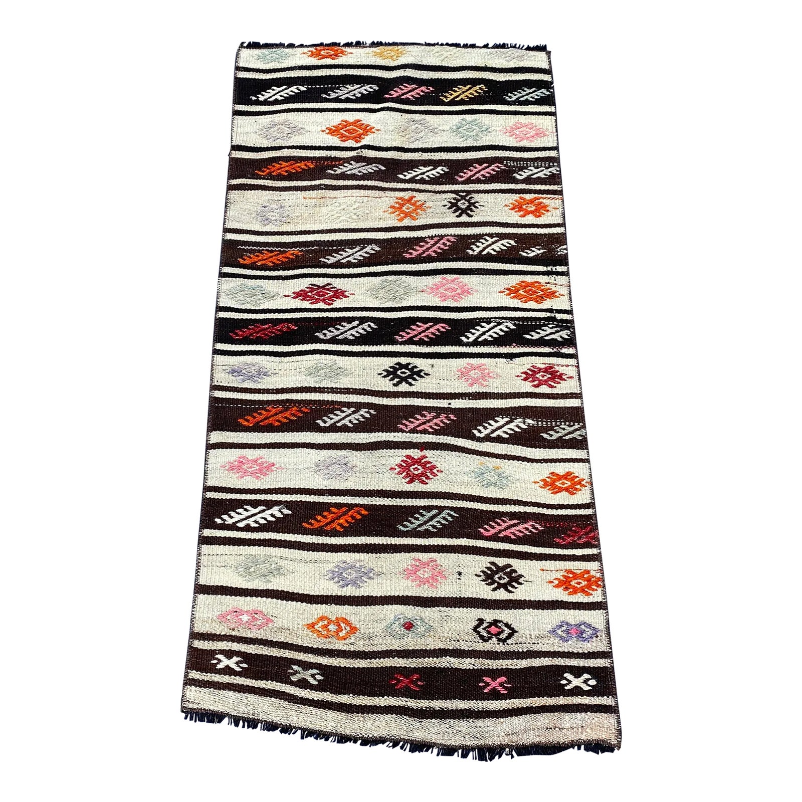 Vintage White Embroidery Small Kilim Rug | Chairish