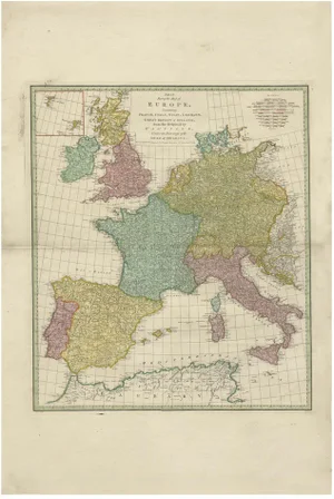 Map of Europe with France, Italy, Spain, Germany, Great Britain and Ireland, 1788