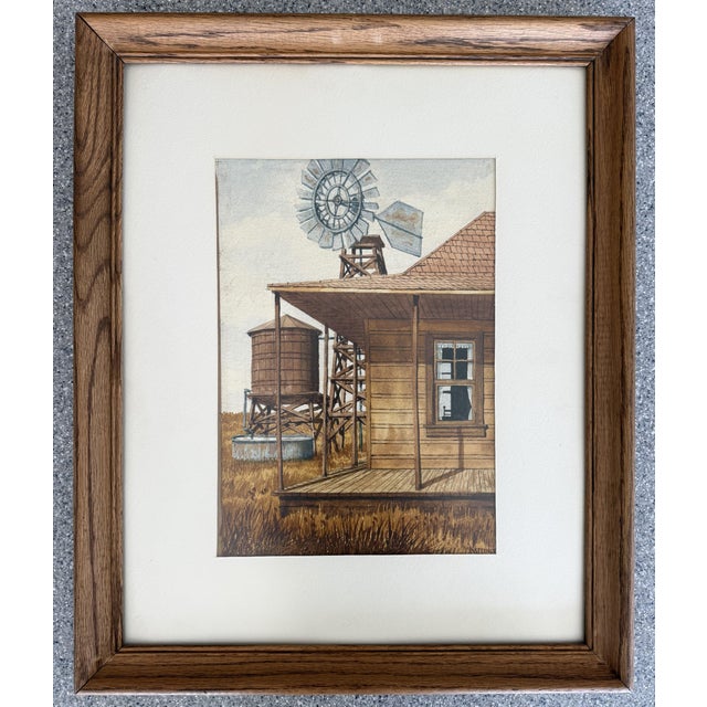Mid-Century Modern Original Sidney Kittinger Watercolor Painting Rural Homestead With Windmill – Framed For Sale - Image 3 of 12
