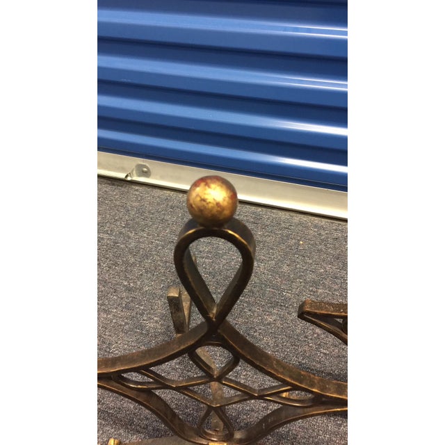 1940's Wrought Iron and Brass French Andirons - Pair For Sale - Image 4 of 5