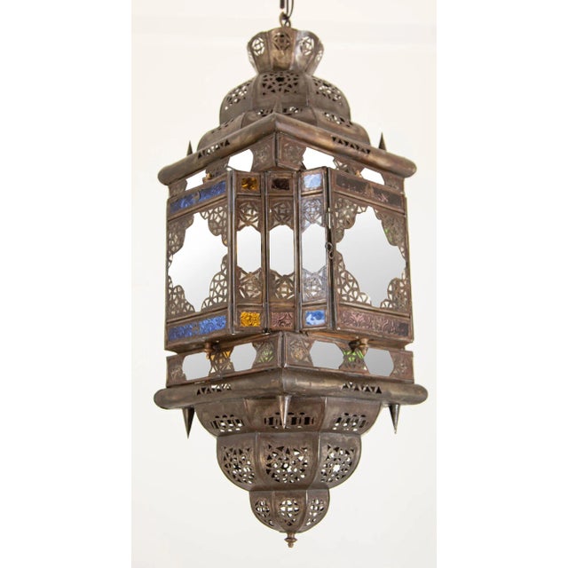 Vintage Moroccan Hanging Lantern Clear and Multicolor Glass Made in Marrakech For Sale