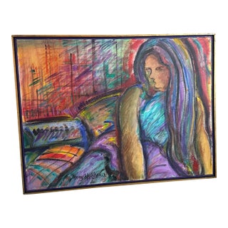 1970s Vintage Colorful Portrait Expressionist Painting by Amy ~Framed For Sale