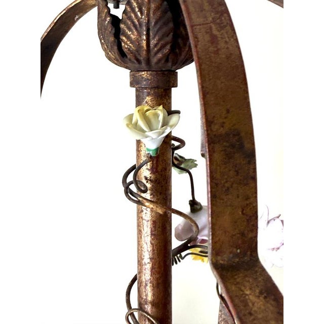 Italian Gilt Iron Five-Light Chandelier with Porcelain Flowers, 1930 For Sale - Image 11 of 18