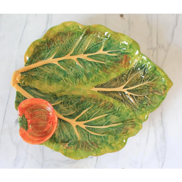 Vintage Majolica cabbage leaf and pumpkin serving platter. Made in Italy. Perfect for your fall table setting. Minor age...