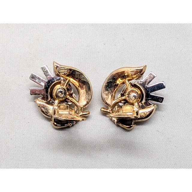 Gold Vintage 1954 Signed Crown Trifari Goldtone Clear Rhinestone "Thistle" Clip Earrings-2 Pieces For Sale - Image 8 of 8