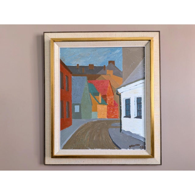 WHERE THE STREET BENDS Size: 28.1 x 24.6 inches (including frame) Oil on canvas A mid-century modernist painting that...