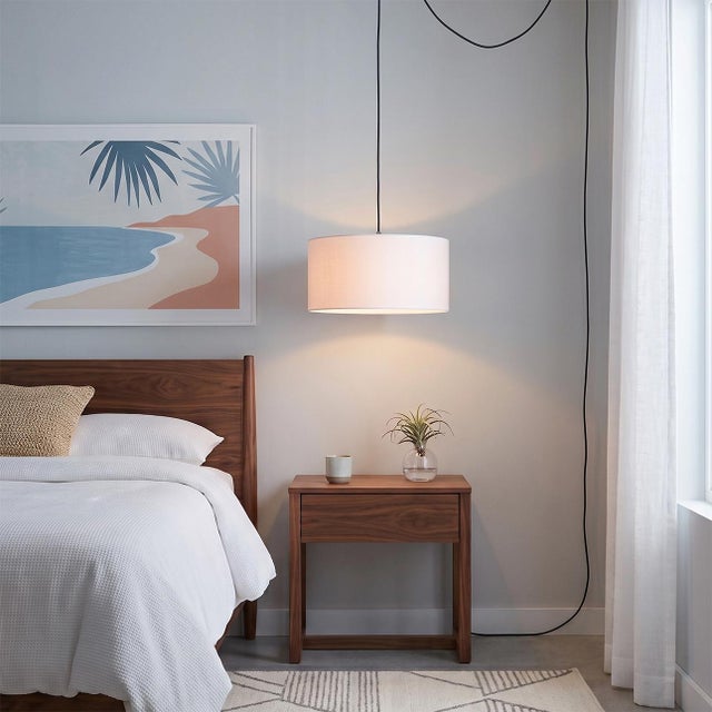 Mid-Century Modern Stretch Swag Lamp - Weathered Brass Steel, White Linen Drum Shade, Inline Dimmer For Sale - Image 3 of 5