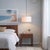 Mid-Century Modern Stretch Swag Lamp - Weathered Brass Steel, White Linen Drum Shade, Inline Dimmer For Sale - Image 3 of 5