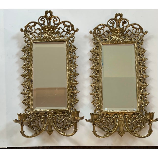 Vintage Pair Italian Bacchus Brass Mirror Wall Hanging Sconces Candleholders For Sale - Image 10 of 12
