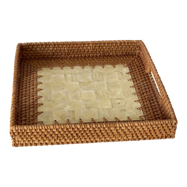 1960s Capiz Shell With Straw Handmade Tray For Sale