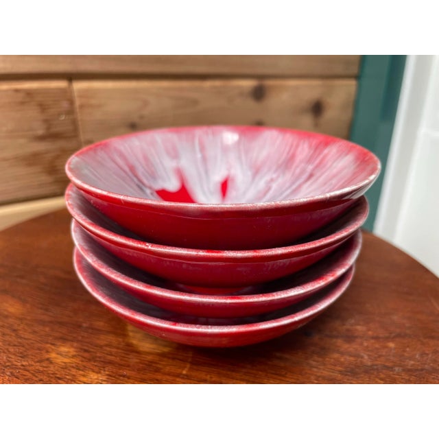Red Mid 20th Century Signed Red and White Drip Glazed Bowls - Set of 4 For Sale - Image 8 of 9