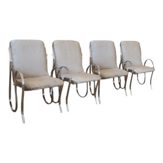 Vintage Italian Sculptural Chrome Framed Upholstered Chairs Set of Four For Sale
