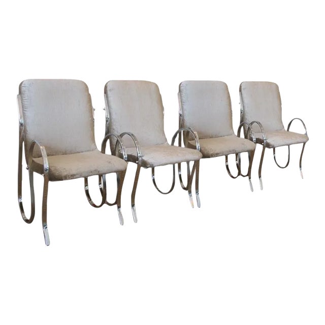 Vintage Italian Sculptural Chrome Framed Upholstered Chairs Set of Four For Sale