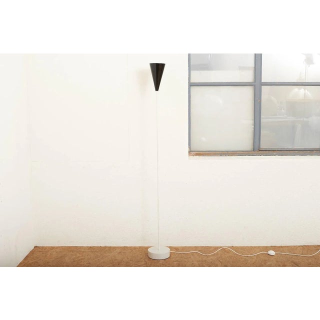 White Painted Steel Tube Floor Lamp with White Marble Base and Black Sheet Metal Shade For Sale - Image 10 of 12