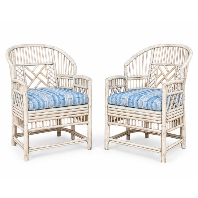 Wood Mid-Century White Washed Chippendale Brighton Style Bamboo Arm Chairs - Pair For Sale - Image 7 of 7