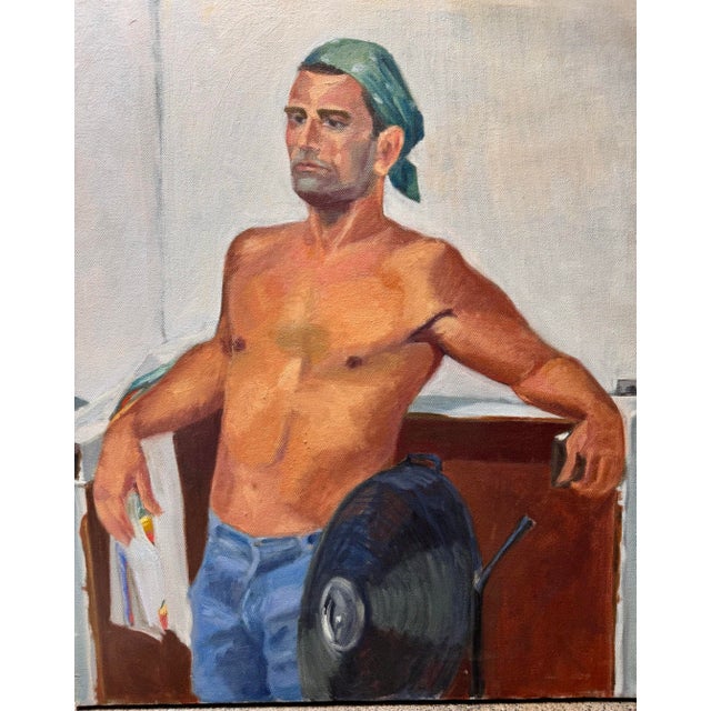 Alabaster Stunning Vintage 1970 Commissioned Painting of a Half Nude Male Wearing a Head Bandana While Resting Against a Counter For Sale - Image 8 of 9