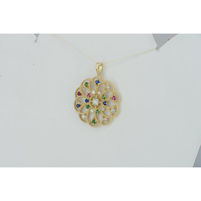 Blue 14k Gold Pattern Pendant With Multicolor Gemstones For Sale - Image 8 of 10