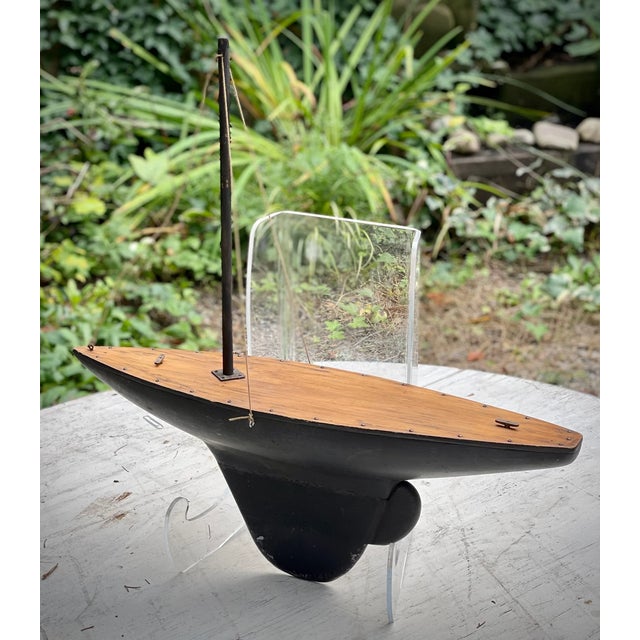 Black Fantastic Authentic Antique Model SailBoat Old Paint Surface Wonderful Patina Pond Boat For Sale - Image 8 of 10